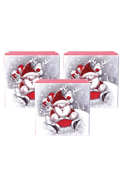 Yılbaşı Noel Baba ve Geyik Motifli Hediye Kutusu Büyük Set 3'lü - 2