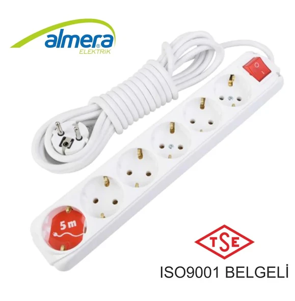 Topraklı Grup Priz Uzatma Kablosu 5 metre 6'lı Ara Kablo ANAHTARLI - 3