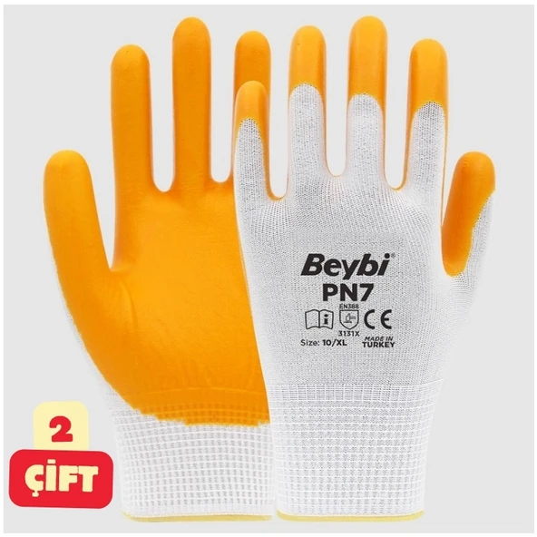 Beybi PN7 Polyester Örme Nitril Eldiven NO: 10 Beyaz Sarı (2 Çift) - 2