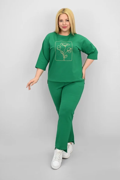 Kadın Büyük Beden Kısa Kollu Çiçek İşlemeli Eşofman Takımı 8199-25 - 12