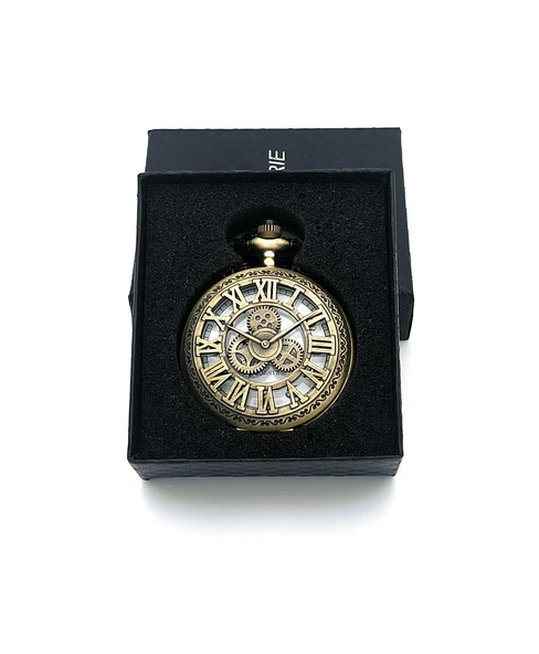 Valkyrie Vintage Antika Tasarım Dilşli Roma Rakamlı Zarif Bronz Kuvars Cep Köstekli Saat - 2