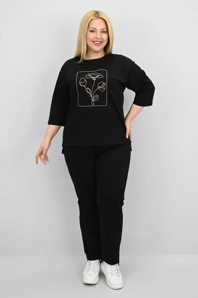 Kadın Büyük Beden Kısa Kollu Çiçek İşlemeli Eşofman Takımı 8199-25 - 4