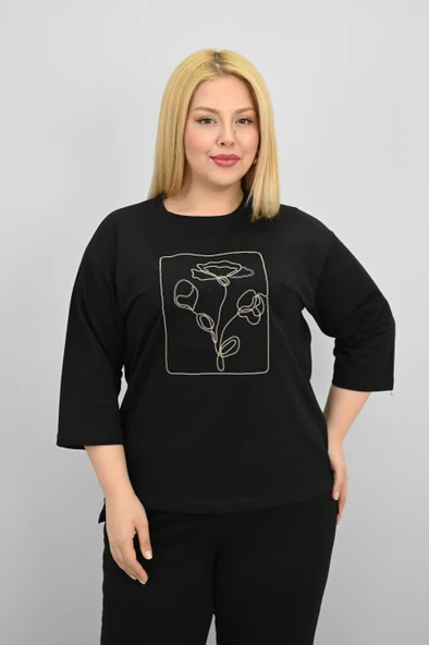 Kadın Büyük Beden Kısa Kollu Çiçek İşlemeli Eşofman Takımı 8199-25 - 8