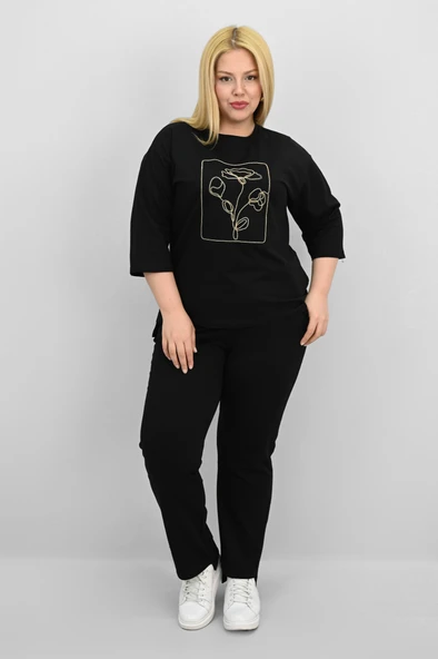 Kadın Büyük Beden Kısa Kollu Çiçek İşlemeli Eşofman Takımı 8199-25 - 5