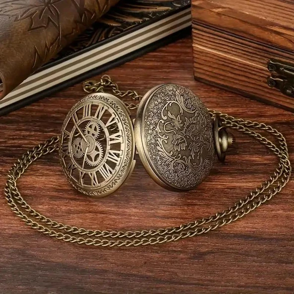 Valkyrie Vintage Antika Tasarım Dilşli Roma Rakamlı Zarif Bronz Kuvars Cep Köstekli Saat - 8