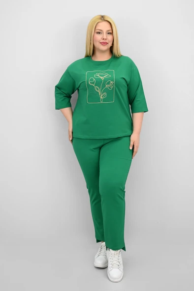 Kadın Büyük Beden Kısa Kollu Çiçek İşlemeli Eşofman Takımı 8199-25 - 11