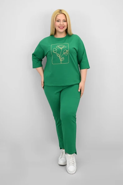 Kadın Büyük Beden Kısa Kollu Çiçek İşlemeli Eşofman Takımı 8199-25 - 10