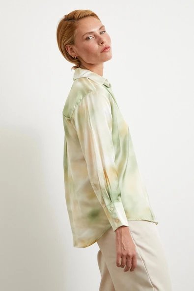 Ebruli Desen Saten GömleK Yeşil - Resim 3