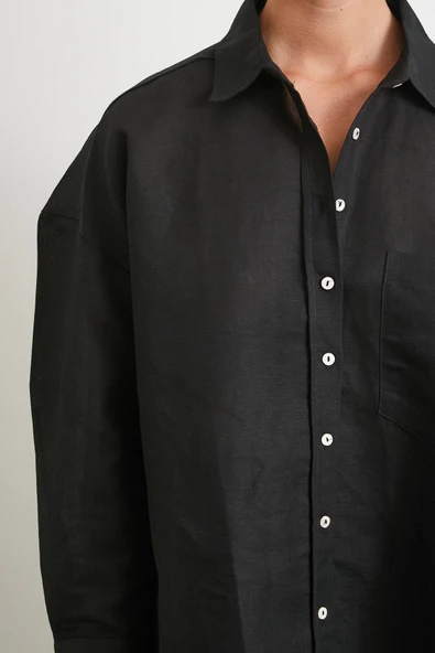 Cepli Oversize Keten Gömlek Siyah - Resim 5