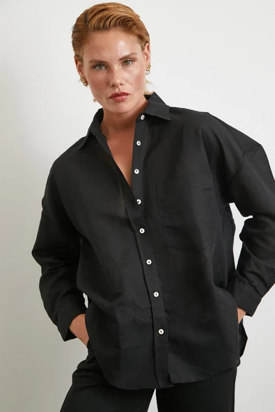 Cepli Oversize Keten Gömlek Siyah - Resim 3