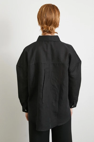Cepli Oversize Keten Gömlek Siyah - Resim 6