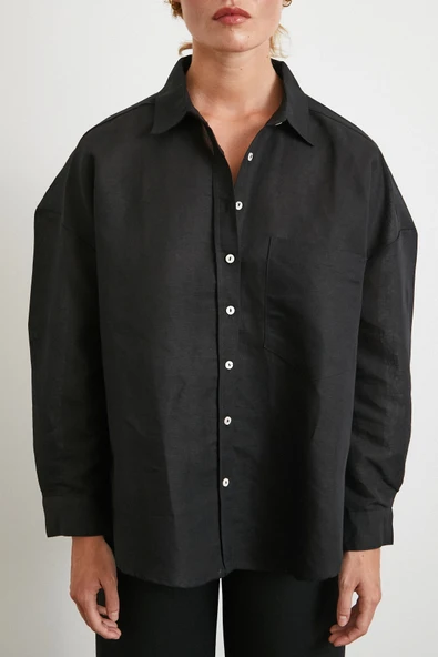 Cepli Oversize Keten Gömlek Siyah - Resim 4