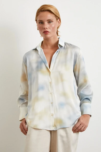 Ebruli Desen Saten GömleK Buz Mavisi ürün görseli 1