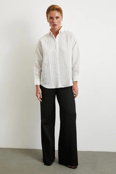 Pamuklu Çizgili Gömlek Beyaz - Resim 2