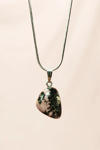 Rodonit Doğal Taşı Zincirli El Yapımı Kolye Uç: 2 cm Zincir: 20 cm Kutulu - Resim 3