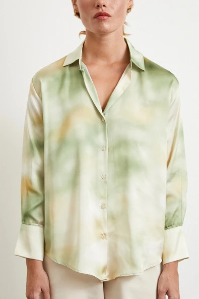 Ebruli Desen Saten GömleK Yeşil - Resim 5