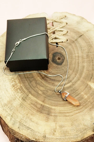 Güneş Taşı Doğal Taşı Zincirli El Yapımı Tasarımlı Kolye Uç: 3,5 cm Zincir: 20 cm Kutulu - Resim 3