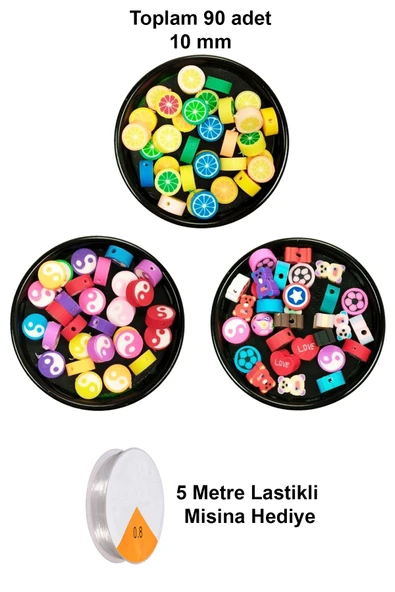 90 Adet 10 mm Polimer Kil Fimo Boncuk Takı Bileklik + 5 Metre Misina Hediye - Yin Yang - Karışık - Limon ürün görseli
