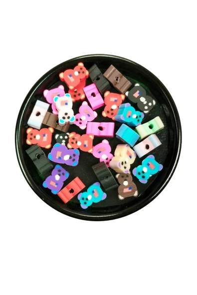 30 Adet 10 mm Polimer Kil Fimo Boncuk Takı Bileklik + 1 Metre Lastikli Misina Hediye - Renkli Ayıcık - Resim 3