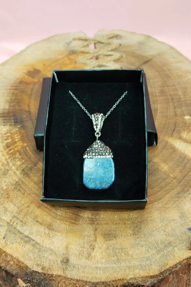 Lapis Doğal Taşı Zincirli El Yapımı Kolye Uç: 3 cm Zincir: 20 cm Kutulu - 5