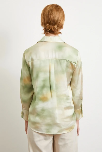 Ebruli Desen Saten GömleK Yeşil - Resim 6