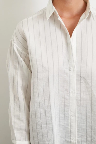Pamuklu Çizgili Gömlek Beyaz - Resim 5