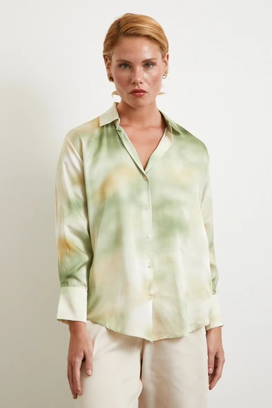 Ebruli Desen Saten GömleK Yeşil - Resim 4