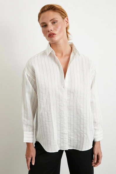 Pamuklu Çizgili Gömlek Beyaz - Resim 4