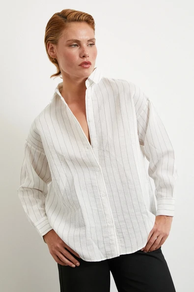 Pamuklu Çizgili Gömlek Beyaz - Resim 3