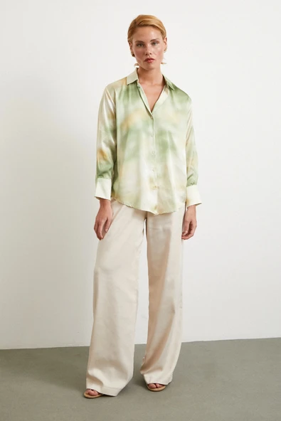 Ebruli Desen Saten GömleK Yeşil - Resim 2