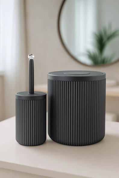 Lines Serisi Gri Banyo Seti, 2 Parça Akrilik Silindir 5 Litre Çöp Kovası ve Tuvalet Fırçası Takımı