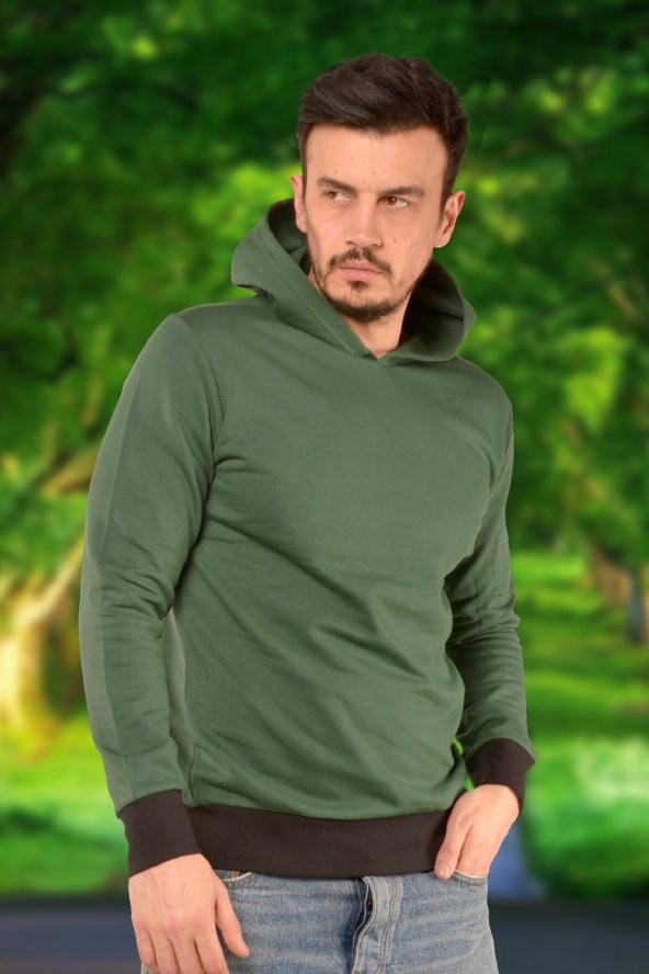 Basic Sweatshirt Kapüşonlu Yeşil Standart Kalıp