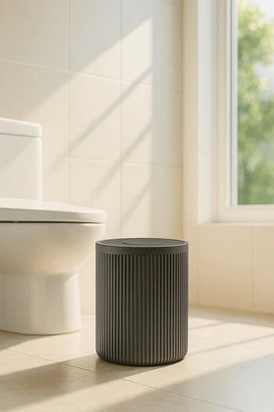 Lines Serisi Gri Banyo Seti, 2 Parça Akrilik Silindir 5 Litre Çöp Kovası ve Tuvalet Fırçası Takımı - 2