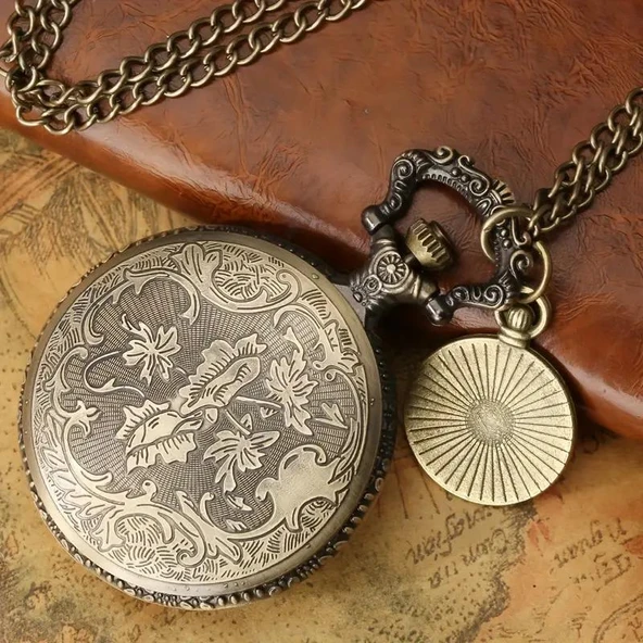Valkyrie Vintage Antika Tasarım Renkli Roma Rakamlı Bakır Kasa Şeffaf Kapaklı Kuvars Cep Köstekli Saat - 4