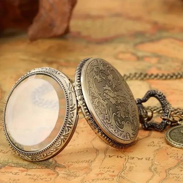 Valkyrie Vintage Antika Tasarım Renkli Roma Rakamlı Bakır Kasa Şeffaf Kapaklı Kuvars Cep Köstekli Saat - 8