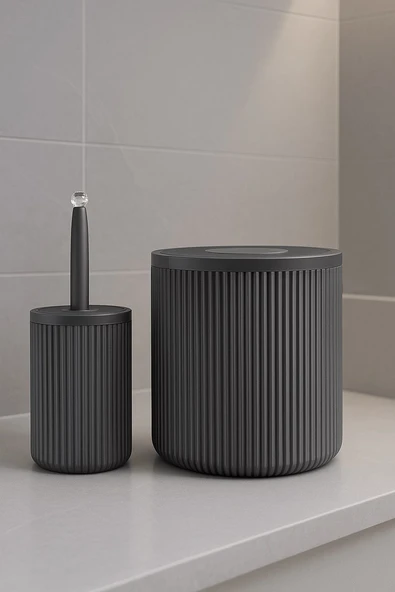 Lines Serisi Gri Banyo Seti, 2 Parça Akrilik Silindir 5 Litre Çöp Kovası ve Tuvalet Fırçası Takımı - 4