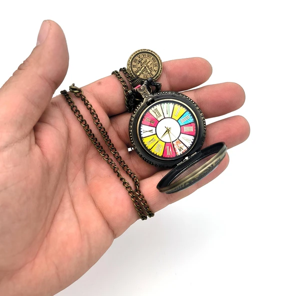 Valkyrie Vintage Antika Tasarım Renkli Roma Rakamlı Bakır Kasa Şeffaf Kapaklı Kuvars Cep Köstekli Saat - 7