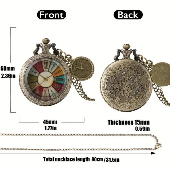 Valkyrie Vintage Antika Tasarım Renkli Roma Rakamlı Bakır Kasa Şeffaf Kapaklı Kuvars Cep Köstekli Saat - 5
