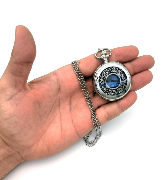 Valkyrie Vintage Kutulu Gece Mavisi Retro Köstekli Cep Saati - Hediyelik Saat Gümüş - 6