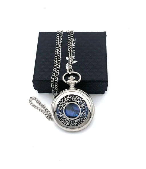 Valkyrie Vintage Kutulu Gece Mavisi Retro Köstekli Cep Saati - Hediyelik Saat Gümüş - 2