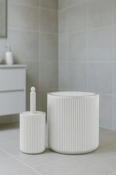 Lines Serisi Beyaz Banyo Seti, 2 Parça Akrilik Silindir 5 Litre Çöp Kovası ve Tuvalet Fırçası Takımı - 6
