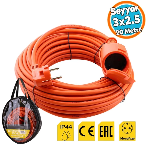 Uzatma Kablosu 20 METRE 3x2.5 mm CCA Tekli Grup Fiş Priz Kapaklı Monofaze Ev Tipi Topraklı Kablolu