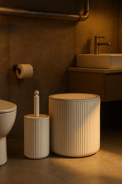 Lines Serisi Beyaz Banyo Seti, 2 Parça Akrilik Silindir 5 Litre Çöp Kovası ve Tuvalet Fırçası Takımı - 9