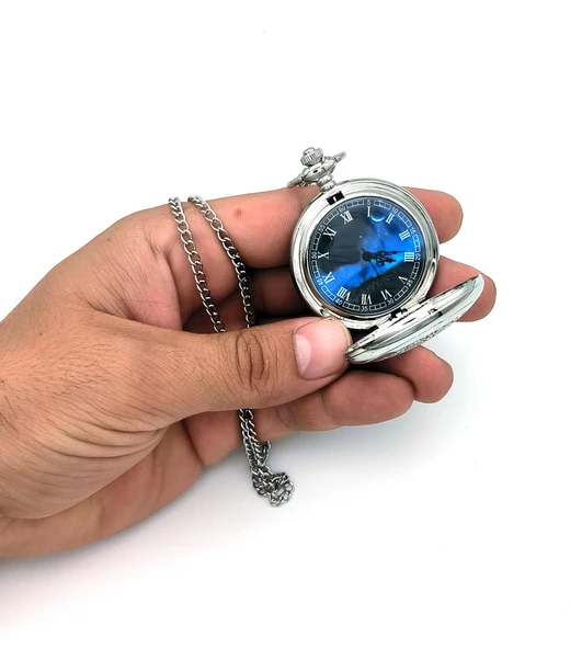 Valkyrie Vintage Kutulu Gece Mavisi Retro Köstekli Cep Saati - Hediyelik Saat Gümüş - 8