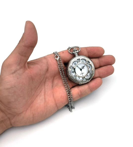 Valkyrie Vintage Retro Roma Rakamlı İşlemeli Cep Köstekli Saat Gümüş - 5