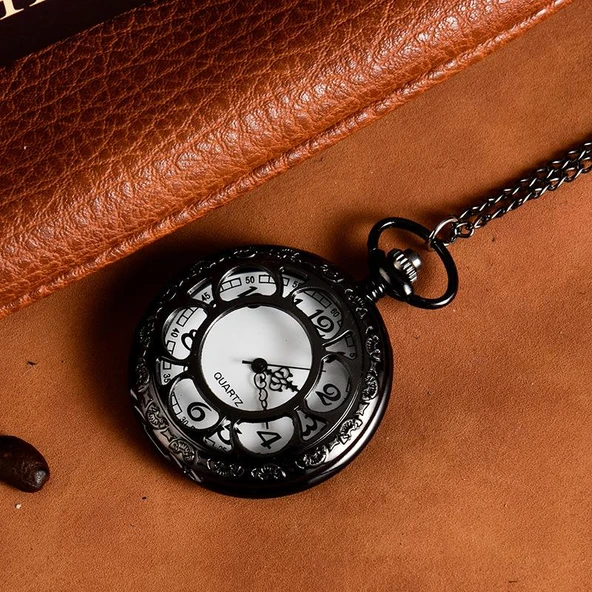 Valkyrie Vintage Retro Roma Rakamlı İşlemeli Cep Köstekli Saat Siyah