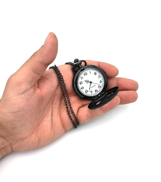 Valkyrie Vintage Retro Roma Rakamlı İşlemeli Cep Köstekli Saat Siyah - 6