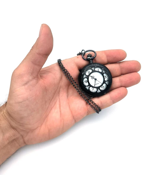 Valkyrie Vintage Retro Roma Rakamlı İşlemeli Cep Köstekli Saat Siyah - 5