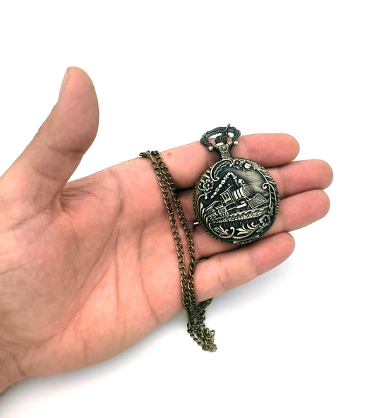 Valkyrie Retro Vintage Kabartmalı Dumanlı Tren Çiçek Motifli Zarif Köstekli Cep Saat - 7