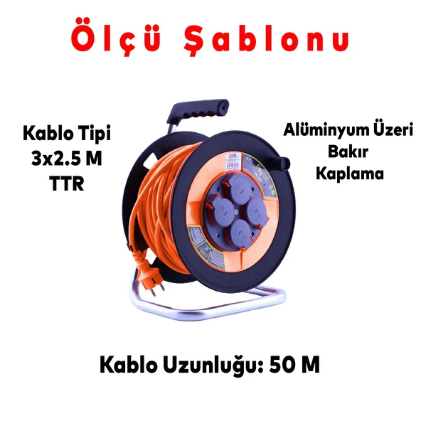 Plastik Seyyar Makaralı Kapaklı 4 Prizli CCA Kablo Uzatma Kablosu 3x2.5 mm 50 Metre IP44 - Resim 2